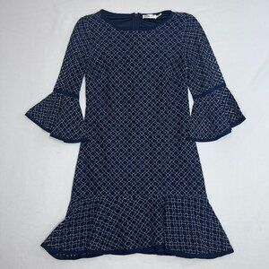 Eliza J Lace Dress with White Embroidered Overlay Bell Sleeves Midi Navy Size 6